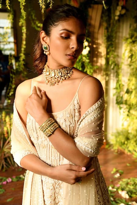 Shop_Reynu Taandon_Beige Dupatta Net U Neck Hibiscus Short Kurta Sharara Set_Online_at_Aza_Fashions