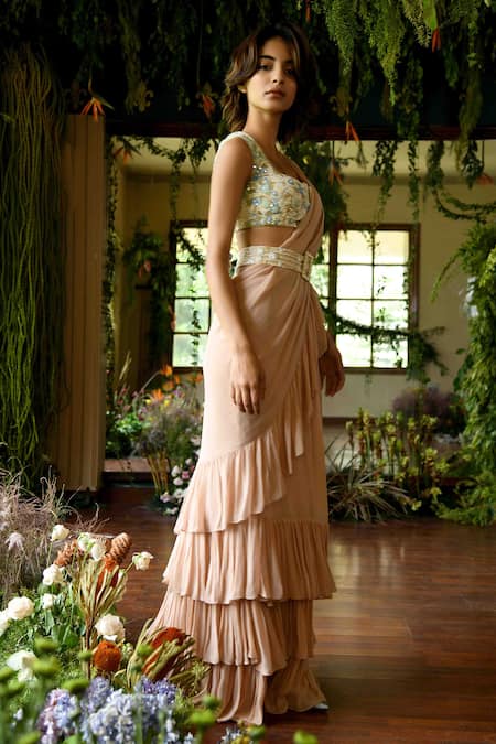 Shop_Reynu Taandon_Beige Lycra U Neck Rose Pre-draped Ruffle Saree With Blouse _at_Aza_Fashions