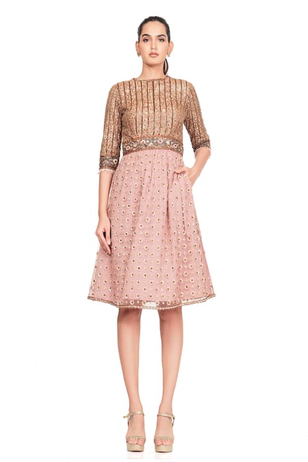 Rocky Star Pink Net Embroidery Floral Round Dress  