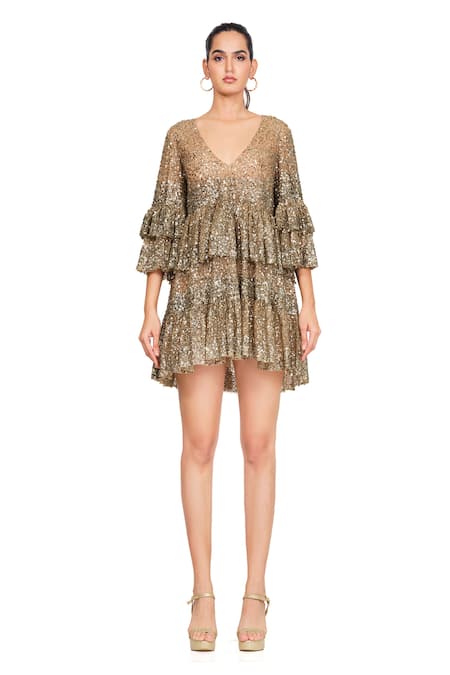 Rocky Star Gold Net Embroidery Sequin V Neck Layered Dress  