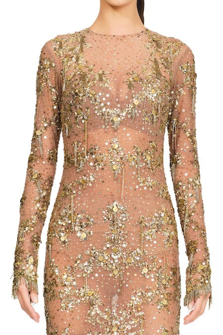 Shop_Rocky Star_Gold Net Sequin, Chain Round Embroidered Dress_Online_at_Aza_Fashions