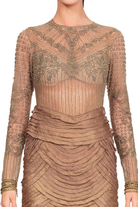 Shop Rocky Star Brown Net, Georgette Cutdana, Floral Round Embroidered Dress Online at Aza Fashions Shop_Rocky Star_Brown Net, Georgette Cutdana, Floral Round Embroidered Dress _Online_at_Aza_Fashions