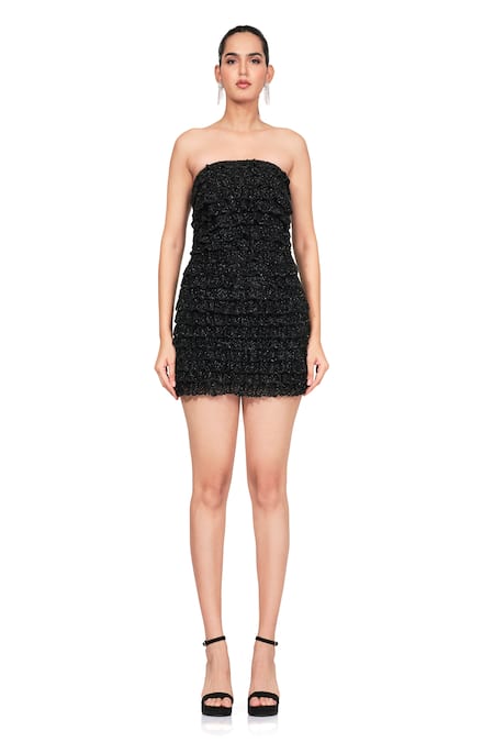 Rocky Star Black Net Embroidery Cutdana Straight Tube Dress  