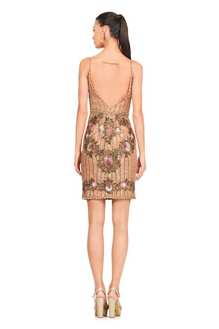 Shop Rocky Star Brown Net Sequin And Cutdana Sweetheart Neck Floral Embroidered Short Dress at Aza Fashions Shop_Rocky Star_Brown Net Sequin And Cutdana Sweetheart Neck Floral Embroidered Short Dress _at_Aza_Fashions
