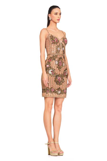 Rocky Star Brown Net Sequin And Cutdana Sweetheart Neck Floral Embroidered Short Dress Online at Aza Fashions Rocky Star_Brown Net Sequin And Cutdana Sweetheart Neck Floral Embroidered Short Dress _Online_at_Aza_Fashions