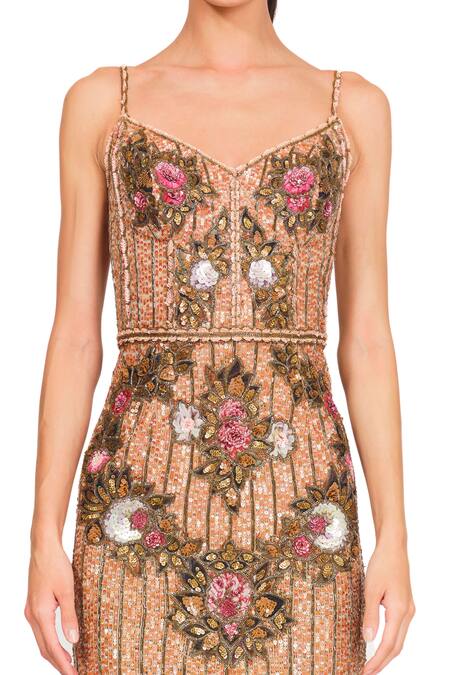 Shop Rocky Star Brown Net Sequin And Cutdana Sweetheart Neck Floral Embroidered Short Dress Online at Aza Fashions Shop_Rocky Star_Brown Net Sequin And Cutdana Sweetheart Neck Floral Embroidered Short Dress _Online_at_Aza_Fashions