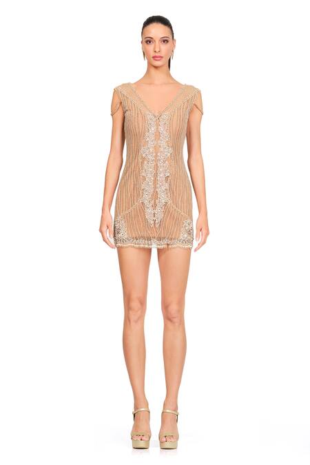 Rocky Star Beige Net Embroidery Beads V Neck Floral Dress  