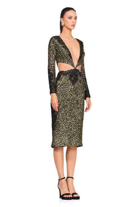 Rocky Star_Black Satin And Georgette Sequin V Neck Side Cutout Midi Dress _Online_at_Aza_Fashions