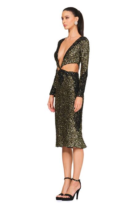 Buy_Rocky Star_Black Satin And Georgette Sequin V Neck Side Cutout Midi Dress _Online_at_Aza_Fashions