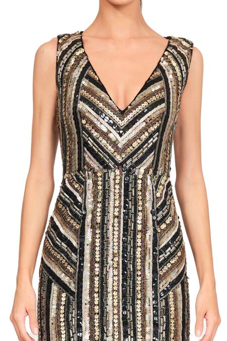 Shop Rocky Star Multi Color Polyester Blend Beads, Crystal And Sequin V Embellished Short Dress Online at Aza Fashions Shop_Rocky Star_Multi Color Polyester Blend Beads, Crystal And Sequin V Embellished Short Dress _Online_at_Aza_Fashions