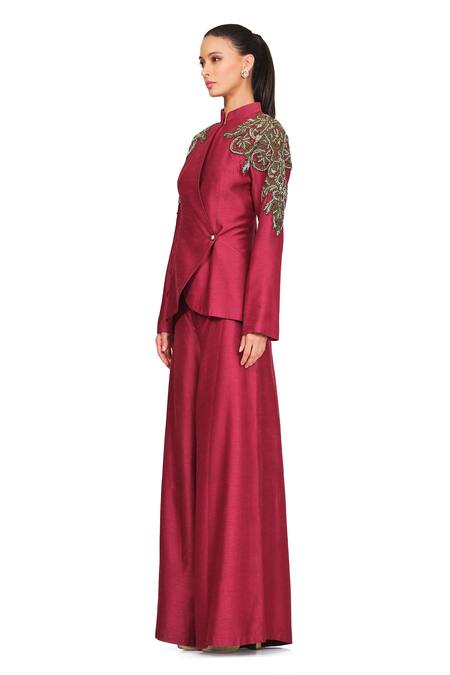 Buy_Rocky Star_Maroon Polyester Lurex Cutdana Band Peplum Jacket And Flared Trouser Set_Online_at_Aza_Fashions