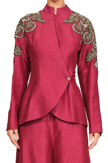 Shop_Rocky Star_Maroon Polyester Lurex Cutdana Band Peplum Jacket And Flared Trouser Set_Online_at_Aza_Fashions