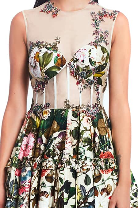 Rocky Star_Multi Color Raw Silk Round Printed Gown _at_Aza_Fashions