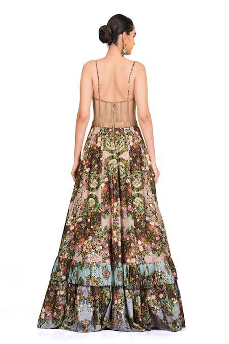 Shop Rocky Star Multi Color Raw Silk Sequin, Thread And Floral Print Sweetheart Neck Layered Gown at Aza Fashions Shop_Rocky Star_Multi Color Raw Silk Sequin, Thread And Floral Print Sweetheart Neck Layered Gown _at_Aza_Fashions