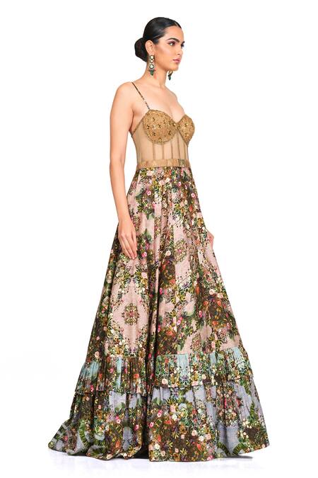 Rocky Star Multi Color Raw Silk Sequin, Thread And Floral Print Sweetheart Neck Layered Gown Online at Aza Fashions Rocky Star_Multi Color Raw Silk Sequin, Thread And Floral Print Sweetheart Neck Layered Gown _Online_at_Aza_Fashions