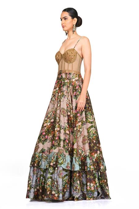 Buy Rocky Star Multi Color Raw Silk Sequin, Thread And Floral Print Sweetheart Neck Layered Gown Online at Aza Fashions Buy_Rocky Star_Multi Color Raw Silk Sequin, Thread And Floral Print Sweetheart Neck Layered Gown _Online_at_Aza_Fashions