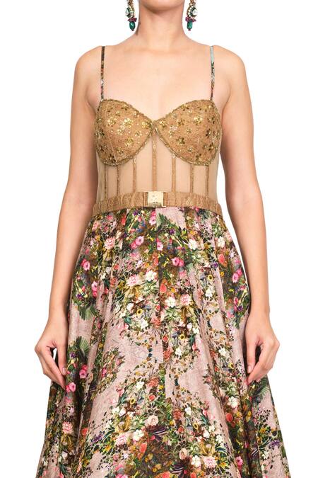 Shop Rocky Star Multi Color Raw Silk Sequin, Thread And Floral Print Sweetheart Neck Layered Gown Online at Aza Fashions Shop_Rocky Star_Multi Color Raw Silk Sequin, Thread And Floral Print Sweetheart Neck Layered Gown _Online_at_Aza_Fashions