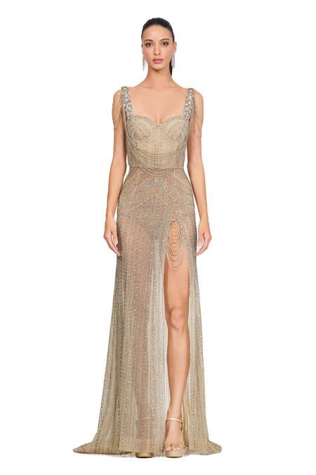 Buy_Rocky Star_Ivory Net Crystals, Cutdana And Chains Sweetheart Neck Front Slit Gown_Online_at_Aza_Fashions