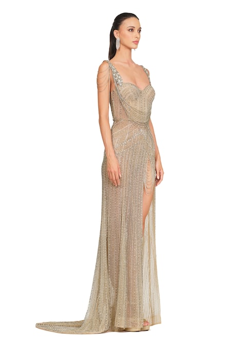 Rocky Star_Ivory Net Crystals, Cutdana And Chains Sweetheart Neck Front Slit Gown_Online_at_Aza_Fashions