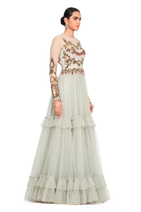 Rocky Star_Blue Tulle Sequin, Cutdana And Beads Round Bodice Embroidered Gown _Online_at_Aza_Fashions