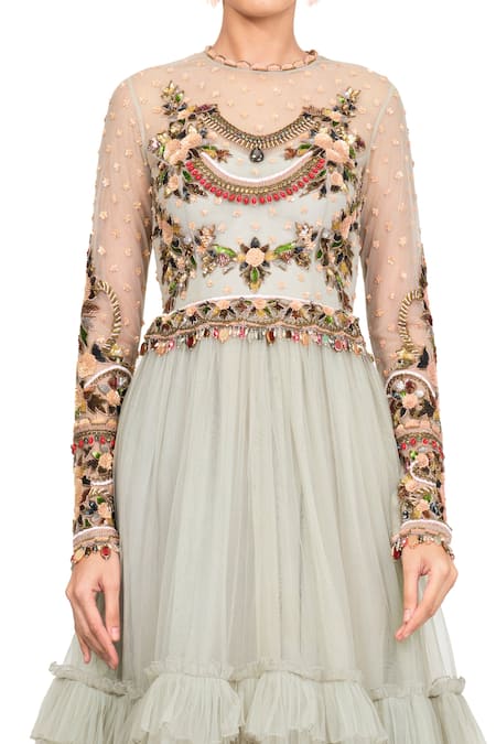 Shop_Rocky Star_Blue Tulle Sequin, Cutdana And Beads Round Bodice Embroidered Gown _Online_at_Aza_Fashions