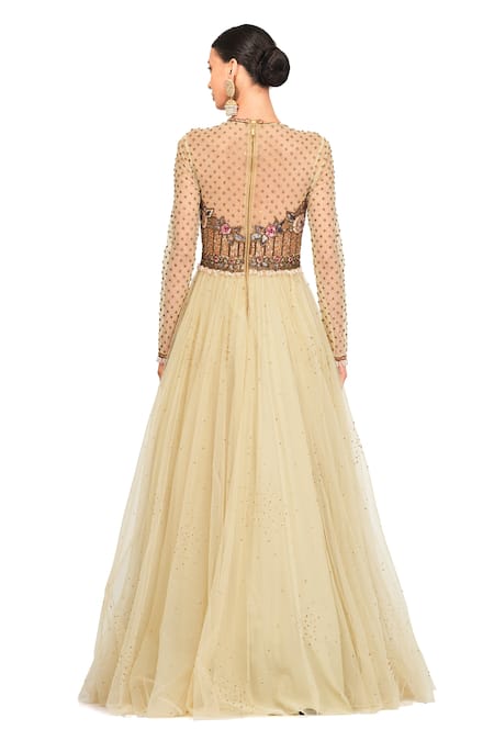 Shop Rocky Star Yellow Tulle Sequin, Cutdana And Beads Round Bodice Embroidered Gown at Aza Fashions Shop_Rocky Star_Yellow Tulle Sequin, Cutdana And Beads Round Bodice Embroidered Gown _at_Aza_Fashions