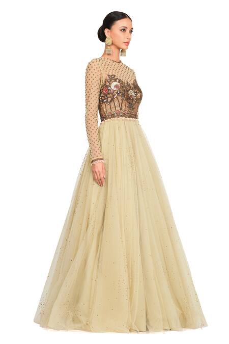Rocky Star Yellow Tulle Sequin, Cutdana And Beads Round Bodice Embroidered Gown Online at Aza Fashions Rocky Star_Yellow Tulle Sequin, Cutdana And Beads Round Bodice Embroidered Gown _Online_at_Aza_Fashions