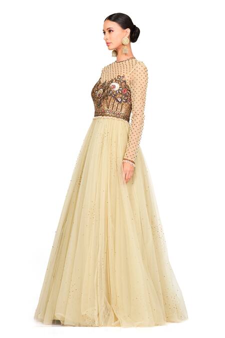 Buy Rocky Star Yellow Tulle Sequin, Cutdana And Beads Round Bodice Embroidered Gown Online at Aza Fashions Buy_Rocky Star_Yellow Tulle Sequin, Cutdana And Beads Round Bodice Embroidered Gown _Online_at_Aza_Fashions