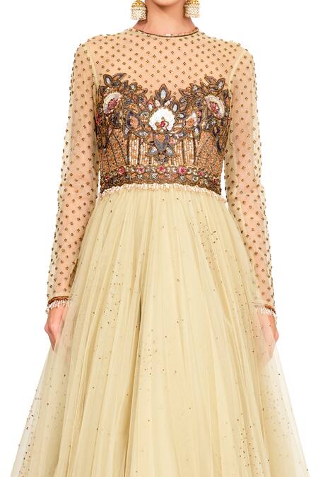 Shop Rocky Star Yellow Tulle Sequin, Cutdana And Beads Round Bodice Embroidered Gown Online at Aza Fashions Shop_Rocky Star_Yellow Tulle Sequin, Cutdana And Beads Round Bodice Embroidered Gown _Online_at_Aza_Fashions