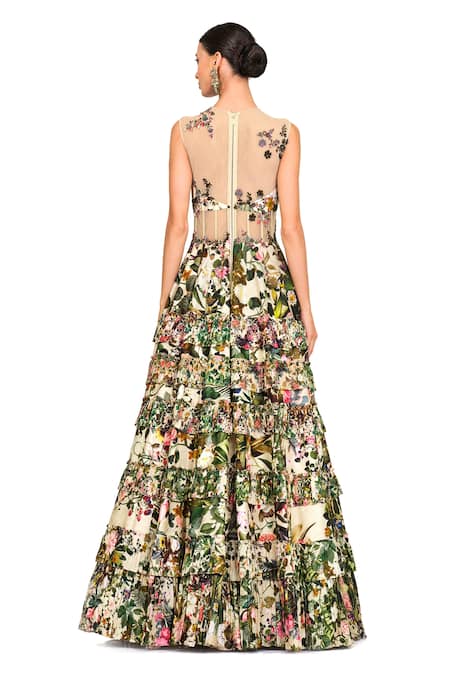 Rocky Star Multi Color Raw Silk And Embroidery Floral Round Gown   2