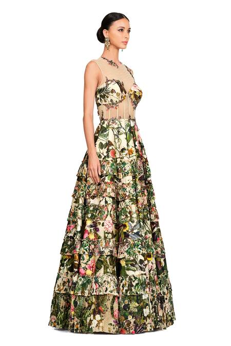 Rocky Star Multi Color Raw Silk And Embroidery Floral Round Gown   3