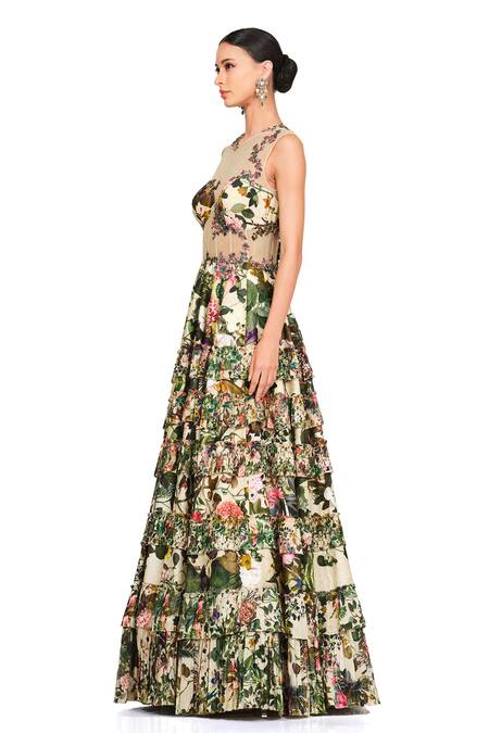 Rocky Star Multi Color Raw Silk And Embroidery Floral Round Gown   4