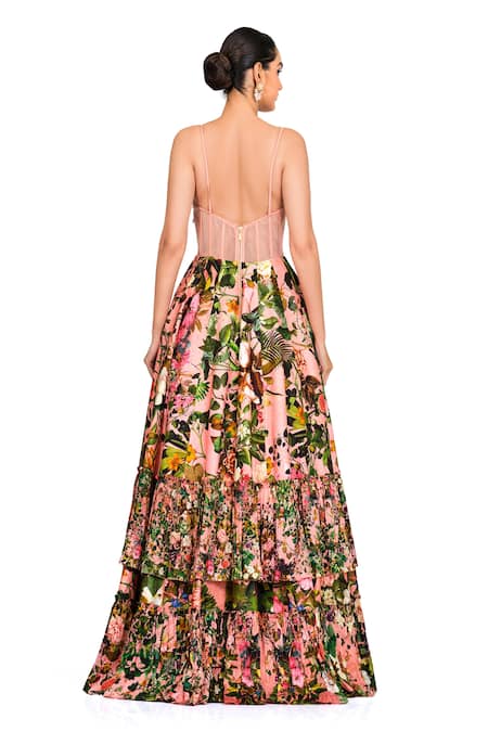 Shop_Rocky Star_Multi Color Raw Silk Floral Print, Cutdana And Beads Sweetheart Neck Gown _at_Aza_Fashions