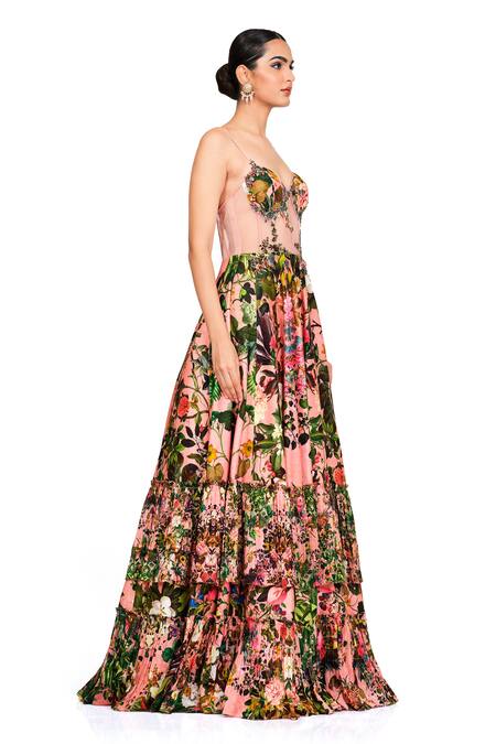 Rocky Star_Multi Color Raw Silk Floral Print, Cutdana And Beads Sweetheart Neck Gown _Online_at_Aza_Fashions