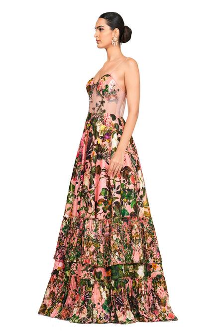 Buy_Rocky Star_Multi Color Raw Silk Floral Print, Cutdana And Beads Sweetheart Neck Gown _Online_at_Aza_Fashions