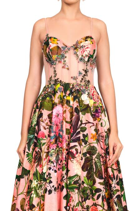 Shop_Rocky Star_Multi Color Raw Silk Floral Print, Cutdana And Beads Sweetheart Neck Gown _Online_at_Aza_Fashions