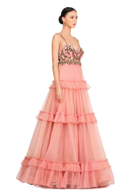 Rocky Star_Pink Tulle Sequin, Cutdana And Beads Sweetheart Neck Bodice Embroidered Gown _Online_at_Aza_Fashions