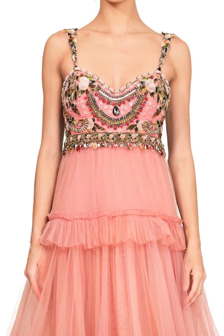 Shop_Rocky Star_Pink Tulle Sequin, Cutdana And Beads Sweetheart Neck Bodice Embroidered Gown _Online_at_Aza_Fashions