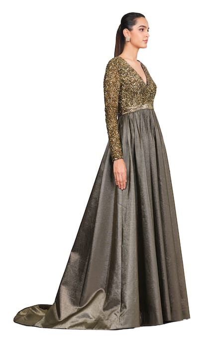 Rocky Star_Gold Polyester Sequin V Neck Embroidered Gown_Online_at_Aza_Fashions