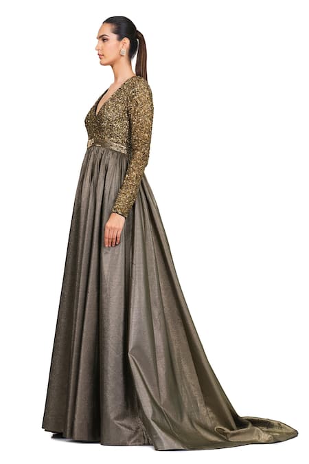 Buy_Rocky Star_Gold Polyester Sequin V Neck Embroidered Gown_Online_at_Aza_Fashions