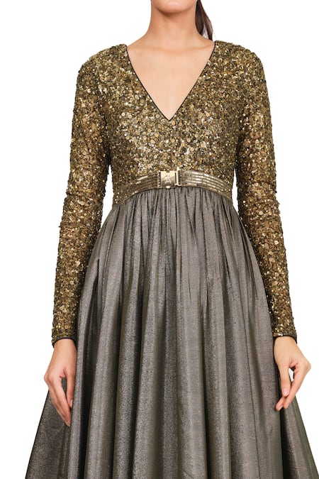 Shop_Rocky Star_Gold Polyester Sequin V Neck Embroidered Gown_Online_at_Aza_Fashions