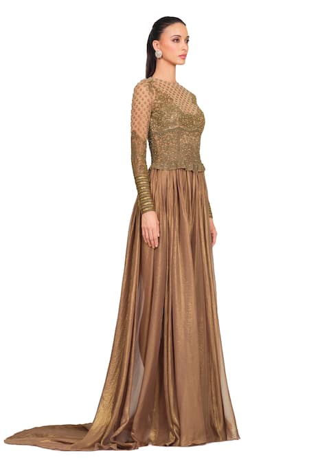 Rocky Star_Brown Georgette Round Embroidered Bodice Gown_Online_at_Aza_Fashions