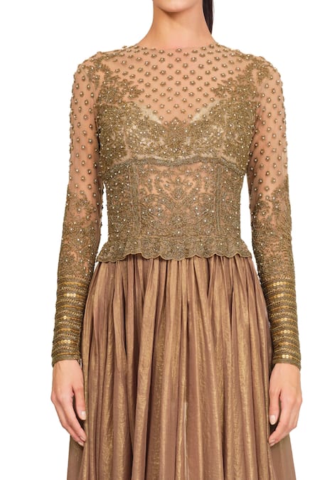 Shop_Rocky Star_Brown Georgette Round Embroidered Bodice Gown_Online_at_Aza_Fashions