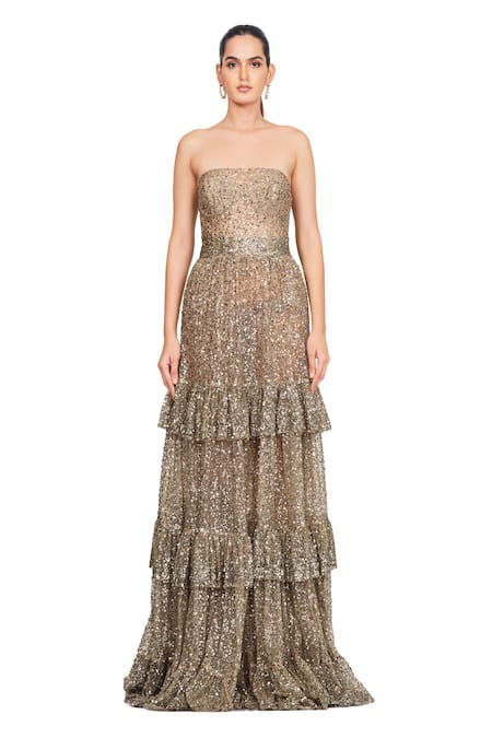 Buy_Rocky Star_Silver Net Sequins Straight Embroidered Frill Gown_Online_at_Aza_Fashions