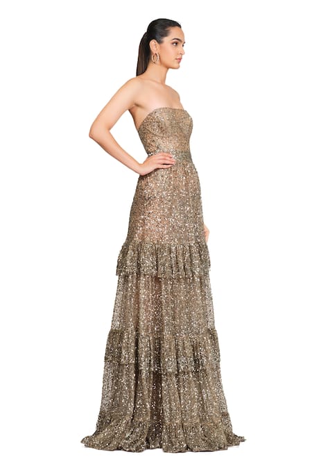 Rocky Star_Silver Net Sequins Straight Embroidered Frill Gown_Online_at_Aza_Fashions