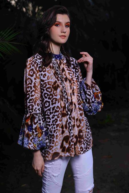 Reynu Taandon_Multi Color Georgette Animal, Jewel Mandarin Collar Print Pintuck Top_Online_at_Aza_Fashions