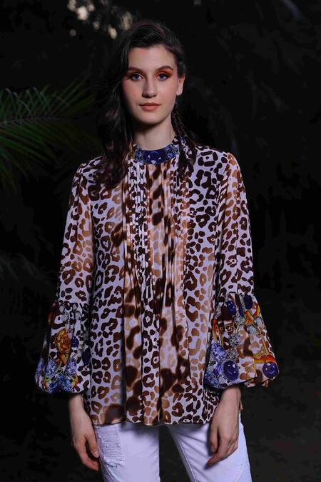 Buy_Reynu Taandon_Multi Color Georgette Animal, Jewel Mandarin Collar Print Pintuck Top_Online_at_Aza_Fashions