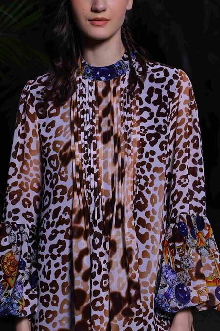 Shop_Reynu Taandon_Multi Color Georgette Animal, Jewel Mandarin Collar Print Pintuck Top_Online_at_Aza_Fashions