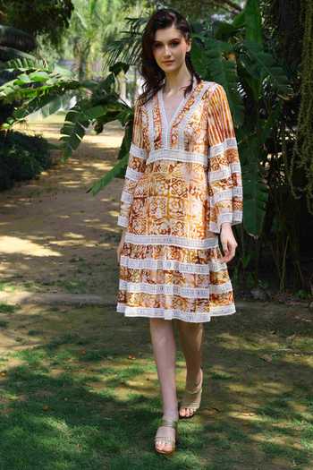 Buy Reynu Taandon White Crepe Floral, Striped V Neck Tie And Dye Dress at Aza Fashions Buy_Reynu Taandon_White Crepe Floral, Striped V Neck Tie And Dye Dress_at_Aza_Fashions