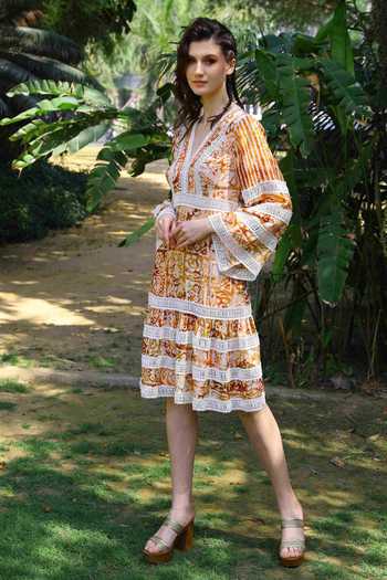 Reynu Taandon White Crepe Floral, Striped V Neck Tie And Dye Dress Online at Aza Fashions Reynu Taandon_White Crepe Floral, Striped V Neck Tie And Dye Dress_Online_at_Aza_Fashions